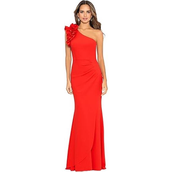 XSCAPE Women's Long One Shoulder Ruffle Scuba Crepe Dress Red Size 10 NWT - Picture 1 of 12